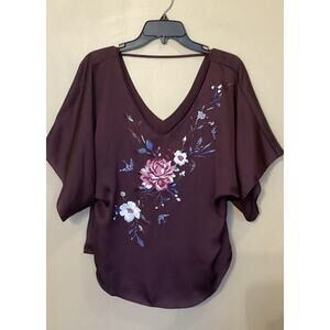 White House Black Market Embroidered Satin Kimono Blouse Plum Wine XXS NWT